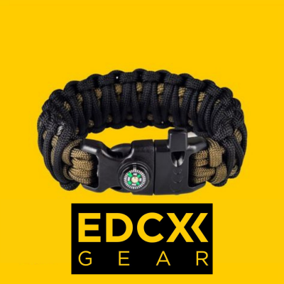 Pulseira paracord preta e bege com fecho plástico e bússola