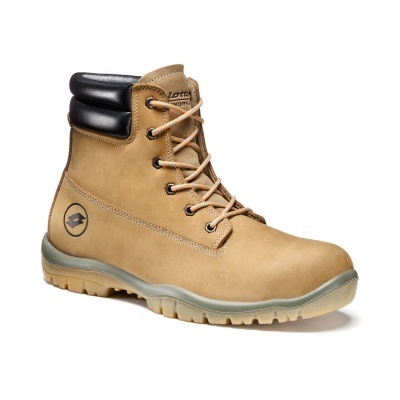 Bota de trabalho castanha com atacadores e colarinho preto