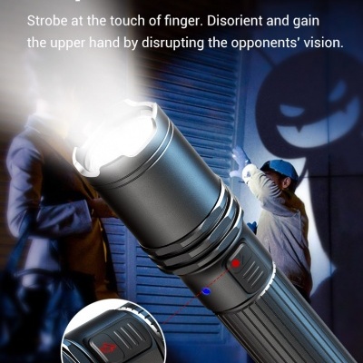 Lanterna preta metálica com luz strobo activa e texto em inglês