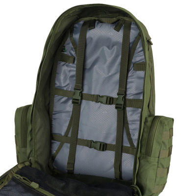 Mochila verde militar aberta com interior cinza e alças ajustáveis