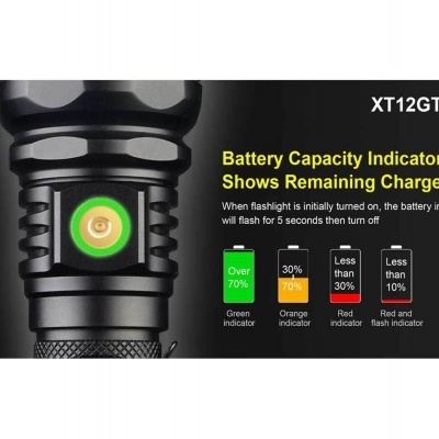 Lanterna preta com indicador de capacidade de bateria e texto explicativo de cores da luz