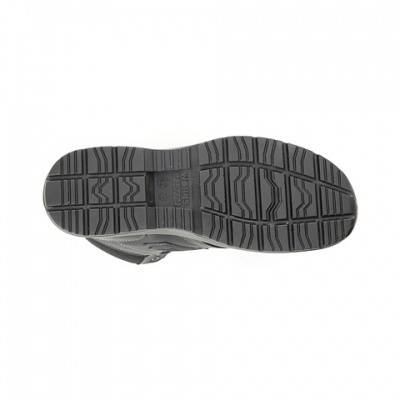 Sola de sapato cinza escuro com padrão de travessas e texto GEOF RESPIRA