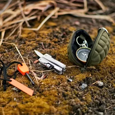 bússola em estojo verde, ferramenta multiusos metálica, apitos laranja e preto sobre musgo