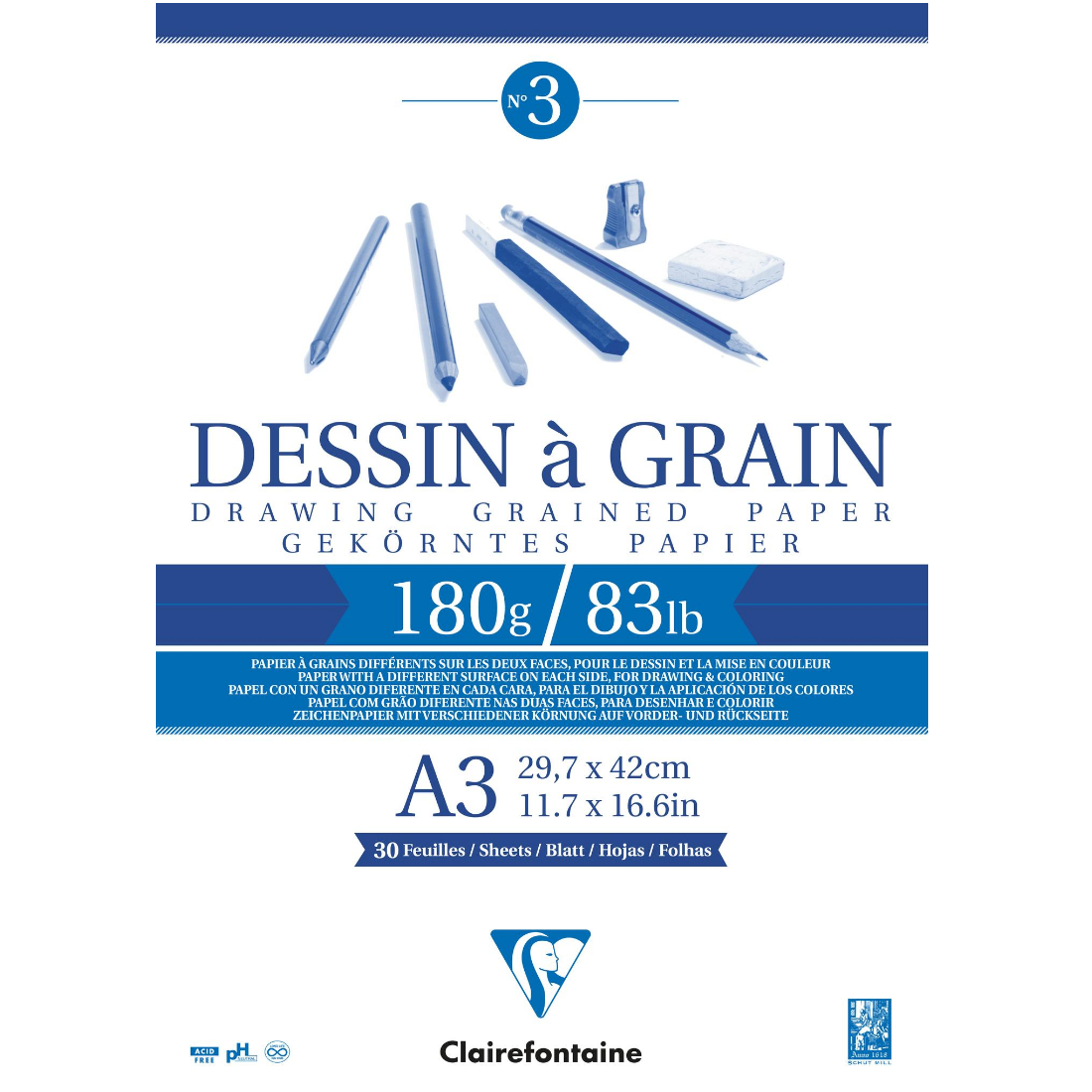 Caderno de desenho Clairefontaine DESSIN à GRAIN A3 180g 83lb, 30 folhas