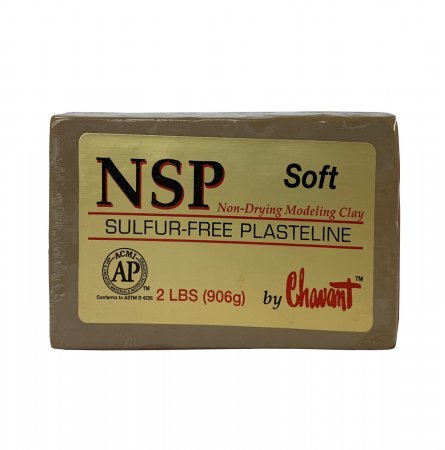Plasteline NSP Chavant Barra de plastilina macia NSP Soft castanha embalado em plástico com etiqueta amarela.