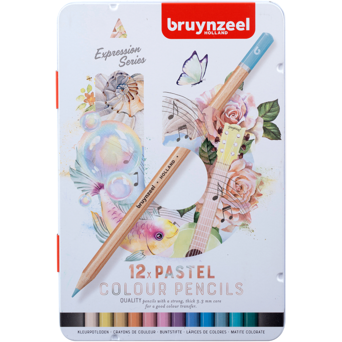 Caixa branca de lápis de cor pastel Bruynzeel com 12 lápis e desenhos coloridos