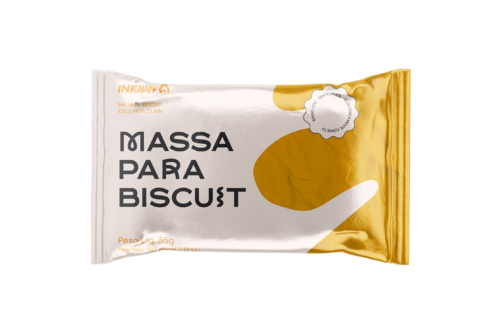 Massa Biscuit Cor 85g INKWAY Embalagem branca e dourada de massa para biscoito