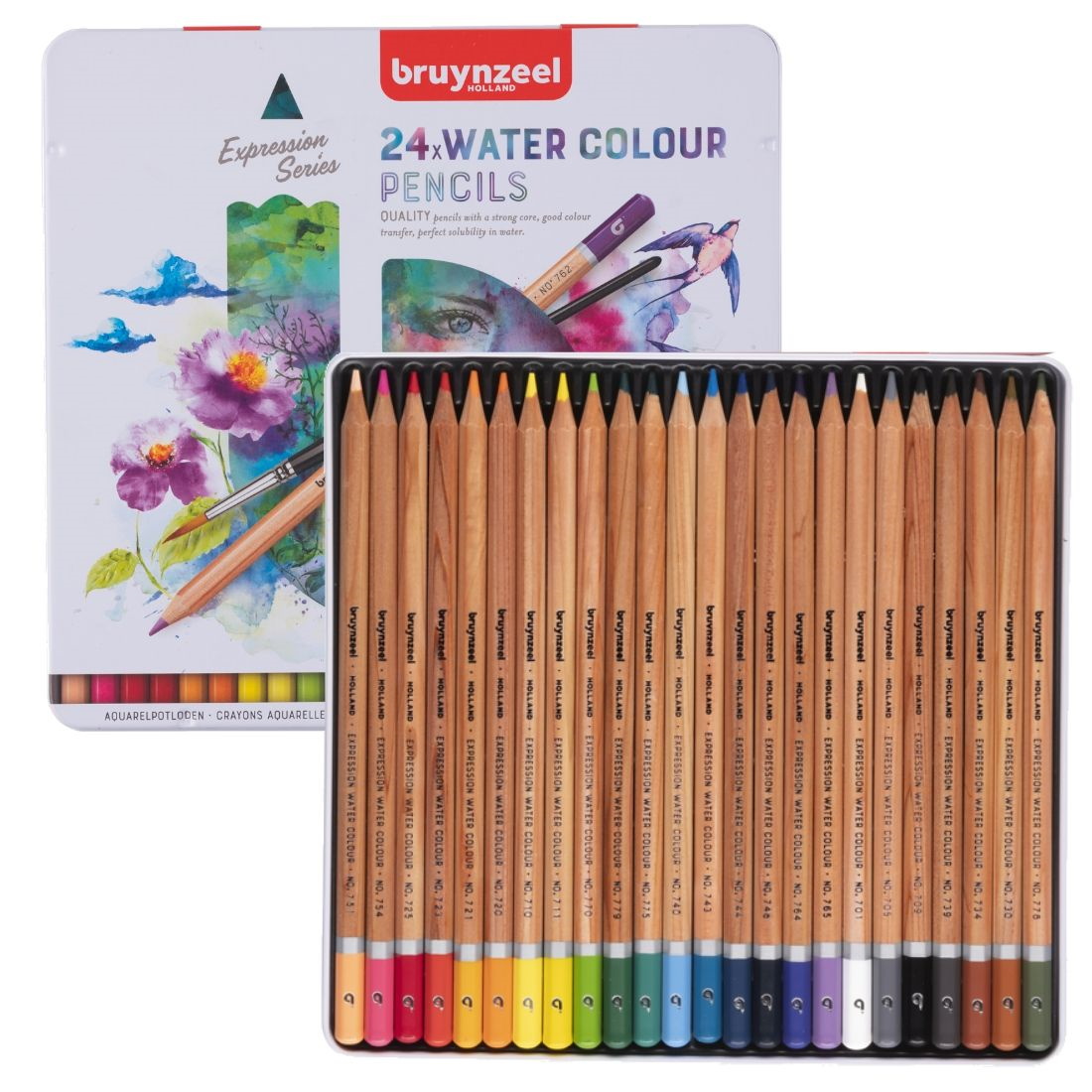 Conjunto de 24 lápis de cor aguareláveis Bruynzeel Expression Series em estojo metálico branco com ilustrações coloridas