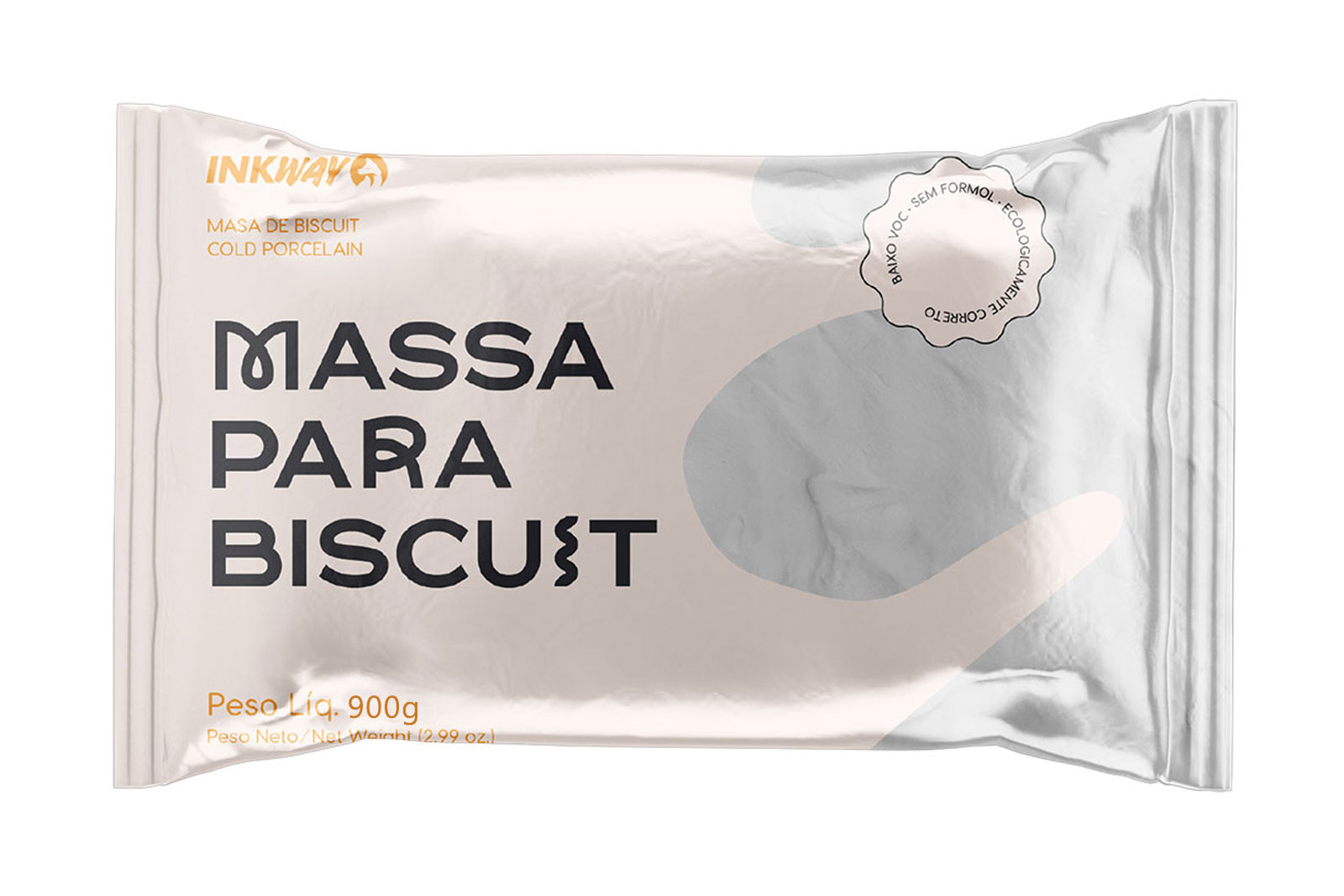 Massa Biscuit Inkway Cor 900g Embalagem de massa para biscuit prateada e branca com texto preto