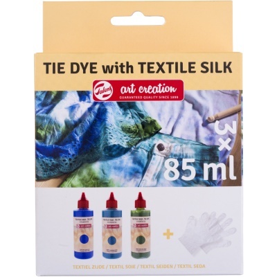 Conjunto de tingimento têxtil com 3 frascos de 85 ml e luvas em embalagem com design colorido.