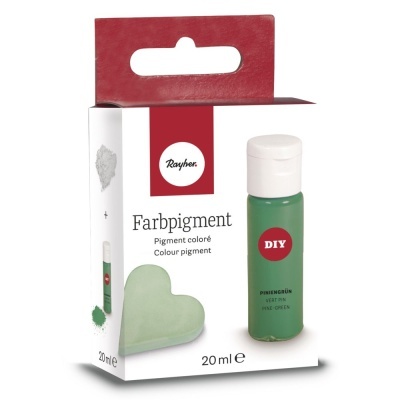 Embalagem de pigmento de cor verde pinheiro de 20 ml da marca Rayher com caixa branca e vermelha.