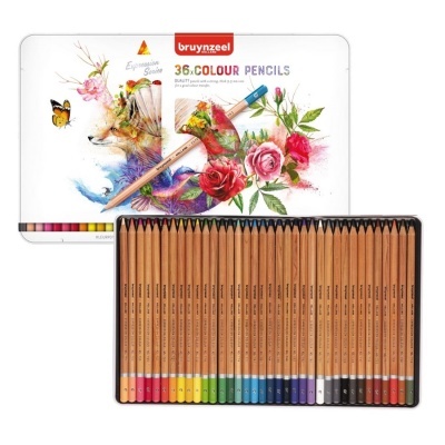 Estojo metálico com 36 lápis de cor Bruynzeel e caixa decorada com flores e lobo.
