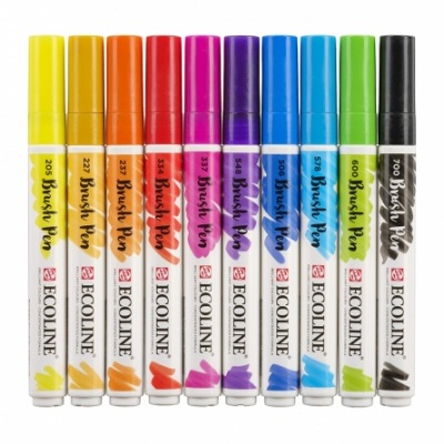 Conjunto de 10 canetas pincel Ecoline de várias cores alinhadas