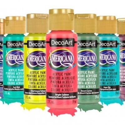 Seis frascos de tinta acrílica DecoArt Americana em várias cores com tampas douradas