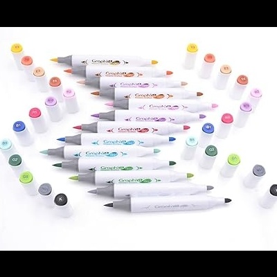 Marcadores Graphit com tampas coloridas organizados em círculo