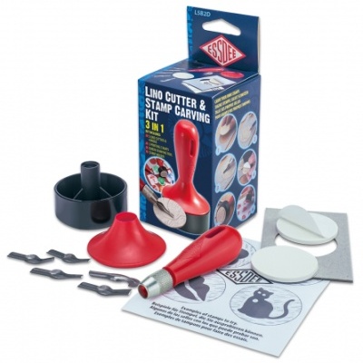 Kit de gravação e corte em linóleo Essdee com empunhadura vermelha e acessórios.
