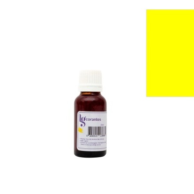 Garrafa de corante castanha com tampa branca e rótulo, quadrado amarelo ao lado
