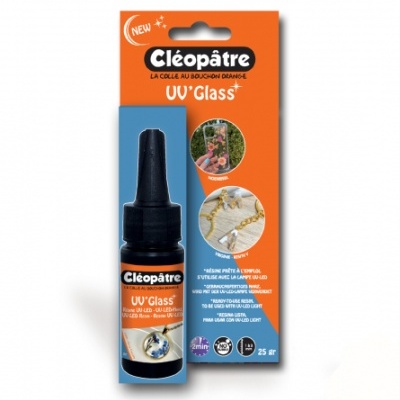 Cola líquida Cleópatre UV'Glass em embalagem laranja e azul