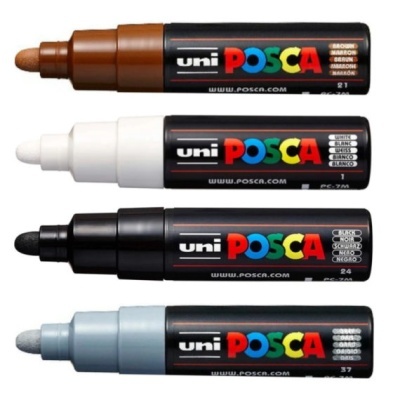 Conjunto de quatro marcadores uni POSCA em castanho, branco, preto e cinzento