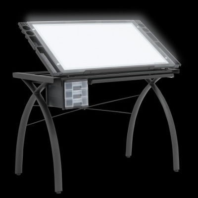 Secretária de desenho preta com tampo iluminado inclinável e gaveteiro transparente