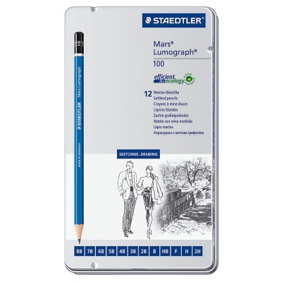 Estojo metálico com 12 lápis Staedtler Mars Lumograph 100 e ilustração a preto no estojo