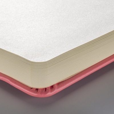 Close-up de canto de livro com capa rosa e páginas crème