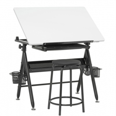 Secretária de desenho inclinável branca com estrutura preta e banco alto preto.