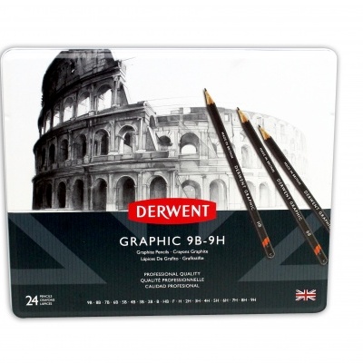 Conjunto de lápis grafite Derwent 9B-9H numa caixa metálica com imagem do Coliseu