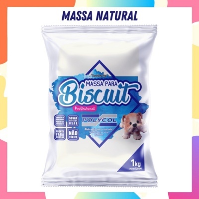Embalagem branca de massa para biscuit com texto azul e roxo e imagem de cãozinho
