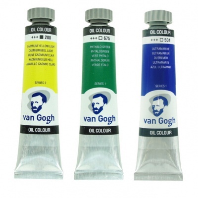 Três tubos de tinta a óleo Van Gogh nas cores amarelo, verde e azul