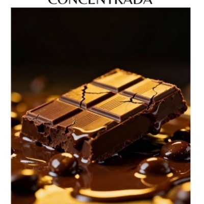 Bloco de chocolate derretido com texto ESSÊNCIA AROMÁTICA CONCENTRADA e Chocolate 20ml