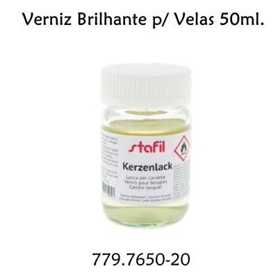 Frasco de verniz brilhante para velas 50ml da marca stafil com rótulo branco e tampa branca.