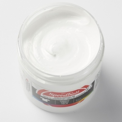 Frasco aberto de tinta acrílica Speedball branca com textura cremosa