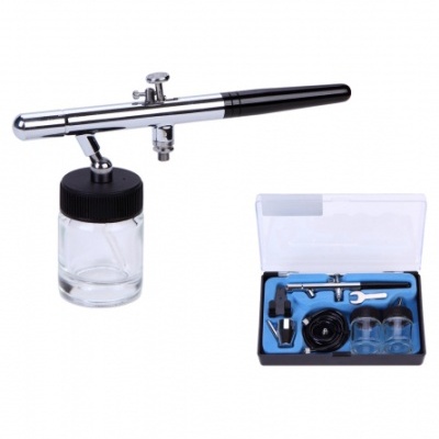 Conjunto de aerógrafo com acessórios em estojo preto e frasco de vidro