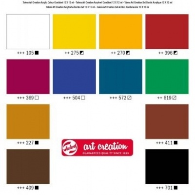 paleta de cores acrílicas Talens art creation em 12 tons com códigos e logótipo