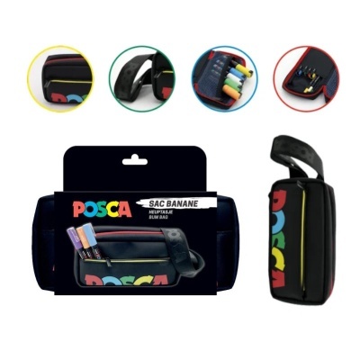 Saco banane preto POSCA com alça e fecho amarelo, em embalagem preta com texto colorido