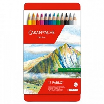 Estojo metálico vermelho de lápis de cor Caran d'Ache com 12 cores