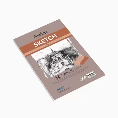 Bloco de desenho DreArte Sketch Pad com capa cinza e laranja e ilustração de edifício