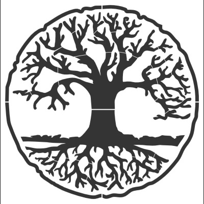 Estêncil com desenho preto de árvore e raízes em círculo, com texto e número