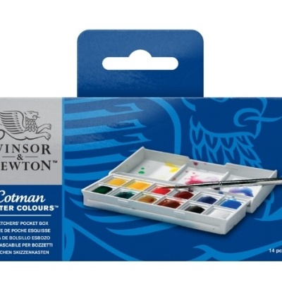 Estojo azul de aguarelas Winsor & Newton Cotman com 14 cores e pincel