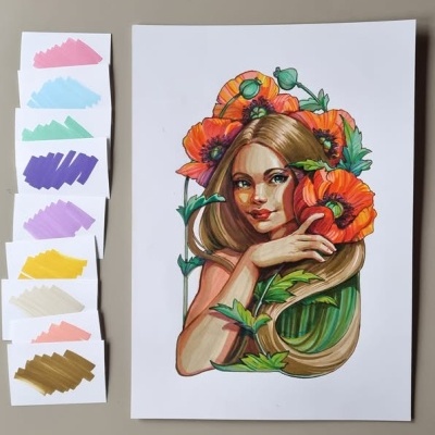 Ilustração colorida de mulher com flores vermelhas e amostras de cores ao lado