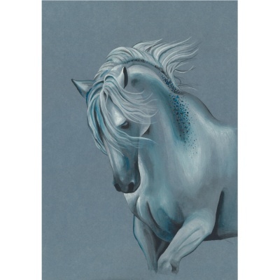 Desenho artístico de um cavalo branco com crina fluída e fundo azul