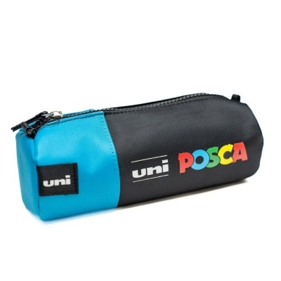 Estojo cilíndrico preto e azul com fecho e logotipo Uni Posca