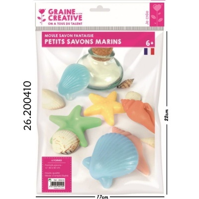 Moldes de sabonetes em formas marinhas coloridos em embalagem plástica