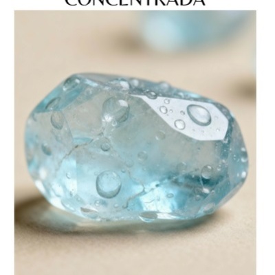 Pedra azul translúcida com gotas de água e texto sobre essência aromática concentrada.