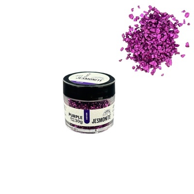 Frasco de glitter roxo Jesmonite com partículas soltas ao lado