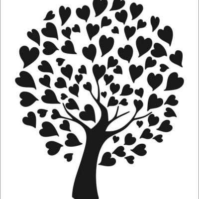 Stencil de árvore com folhas em forma de corações pretos