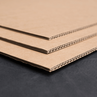 Três folhas de cartão ondulado castanho claro sobre superfície preta