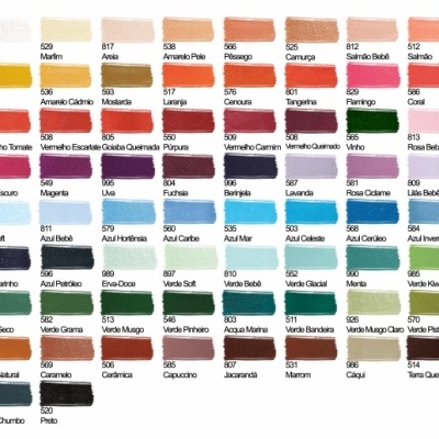 Tabela de amostras de cores com códigos numéricos e nomes em português