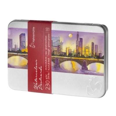 Estojo metálico branco com ilustração urbana colorida e faixa vermelha com texto